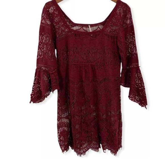 Free People Burgundy Lace Overlay Cotton Mini Dress - Extra Small - Picture 7 of 10